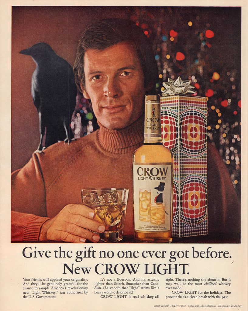 Vintage Christmas whiskey ad. Crow Light Whiskey - For Life Magazine 1972