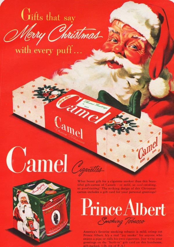 Vintage Camel cigarettes advertisement with a smoking Santa